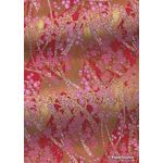 Japanese Chiyogami | Floral 06, Pink Blossoms on Red background with Gold Ribbons of White blossoms and Gold highlights. An A4 Washi Yuzen Handmade Paper - curled | PaperSource