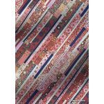 Chiyogami | Abstract 14 Japanese handmade, screen printed paper with diagonal bands of traditional floral patterns in pink, mauve, red and blue tones, outlined in gold - curled | PaperSource