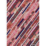 Chiyogami | Abstract 14 Japanese handmade, screen printed paper with diagonal bands of traditional floral patterns in pink, mauve, red and blue tones, outlined in gold | PaperSource