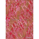Japanese Chiyogami | Floral 06, Pink Blossoms on Red background with Gold Ribbons of White blossoms and Gold highlights. An A4 Washi Yuzen Handmade Paper | PaperSource