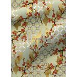 Chiyogami | Panorama 11 Japanese handmade, screen printed paper with branches of red and gold blossom outlined in gold on a silver lattice background - curled | PaperSource