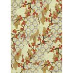 Chiyogami | Panorama 11 Japanese handmade, screen printed paper with branches of red and gold blossom outlined in gold on a silver lattice background | PaperSource
