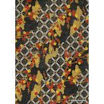 Japanese Chiyogami Panorama P12, Blossoms in red and gold on black and silver lattice background with Gold highlights | PaperSource