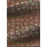 Chiffon Print | Camellia Chocolate Brown Chiffon with Pink and Green Flower Pattern outlined in Gold, A4 - on dark background| PaperSource