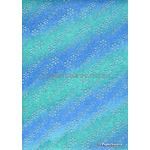 Chiffon Print | Ornate Chiffon with Blue and Green bands with Silver Glitter Floral pattern on A4 - curled | PaperSource
