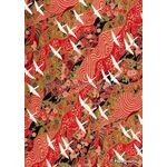Chiyogami | Crane 03 Japanese handmade, screen printed paper with a pattern of White Cranes in flight outlined in gold on a red background | PaperSource