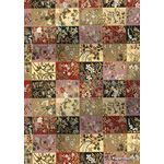 Chiyogami | Floral 15 Japanese handmade, screen printed floral paper in brown, green and beige tones in a patchwork style pattern with gold outlines - curled | PaperSource