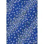 Chiyogami | Floral 19 Japanese handmade, screen printed paper with white, mauve, baby blue and pastel green blossoms, gold arches and tiny white flowers on a blue background with gold highlights | PaperSource