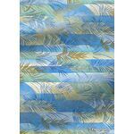 Chiyogami | Leaf 04 Japanese handmade, screen printed paper with fronds in blue and gold on striped blue, green and lemon background - curled | PaperSource