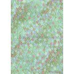 Chiyogami | Floral 20 Japanese handmade, screen printed paper with white, pink and lilac blossoms, gold arches and tiny white flowers on a mint green background with gold highlights | PaperSource