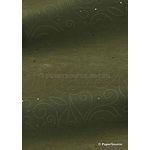 Precious Metal | Flourish Gold raised foil swirl pattern on Deep Sage Green Chiffon, a sheer shimmery A4 fabric sheet - curled | PaperSource