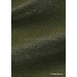 Precious Metal | Tiny Heart Gold raised foil tiny hearts and swirls pattern on Sage Green Chiffon, a sheer shimmery A4 fabric sheet - curled | PaperSource