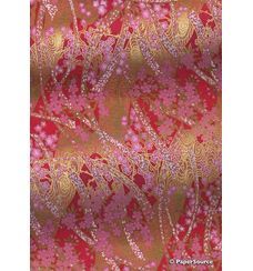 Japanese Chiyogami | Floral 06, Pink Blossoms on Red background with Gold Ribbons of White blossoms and Gold highlights. An A4 Washi Yuzen Handmade Paper | PaperSource
