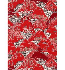 Katazome | Landscape 01 Japanese handmade, hand stencilled printed paper with a pattern of red hills, cherry blossoms, waves and swirls in red, black and white | PaperSource