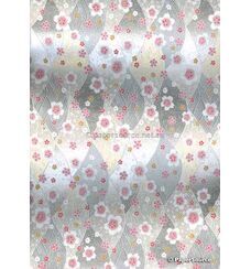 Chiyogami Luxe | Floral CLF02 Japanese handmade, screen printed paper on silver background with red, pink and white small flower pattern outlined in silver | PaperSource