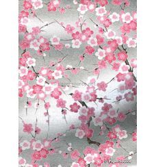 Japanese Chiyogami Luxe A4 Yuzen paper with cherry blossom branches on silver | PaperSource