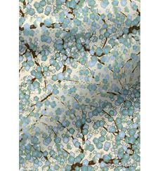 Chiyogami | Floral 18 Japanese handmade, screen printed paper with cherry blossom in blue tones and gold outlines on pale ivory background-curled | PaperSource