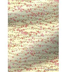 Chiyogami Floral 22, pink and red blossom outlined in gold with delicate branches on lemon yellow background. A handmade screen printed Japanese paper | PaperSource