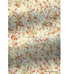 Chiyogami | Floral 26 Japanese handmade, screen printed paper with red and white blossoms outlined in gold with delicate branches on variegated gold background-curled | PaperSource