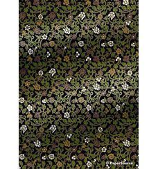 Japanese Chiyogami | Floral 48, Green Vine with small Blossoms on a Black background. An A4 Washi Yuzen Handmade Paper | PaperSource