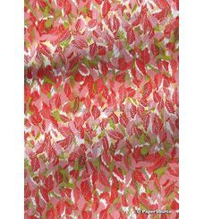 Chiyogami | Leaf 11 Japanese handmade, screen printed paper with Red, Pink Green and Gold leaves on a white background-curled | PaperSource