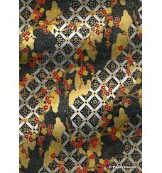 Japanese Chiyogami Panorama P12, Blossoms in red and gold on black and silver lattice background with Gold highlights - curled | PaperSource