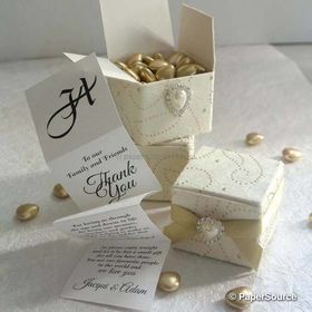 Gift Box Bomboniere | Square 40 x 40mm. White Silk handmade paper bonded to smooth Card. Decorated with gold beaded Flourish pattern | PaperSource