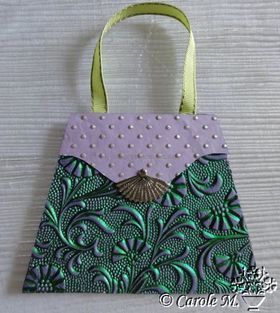 Embossed Foil handbag using Green Foil on Purple Matte Cotton A4 handmade recycled paper