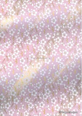 Japanese Chiyogami | Floral 01, White Blossoms on Pink background with Gold highlights. An A4 Washi Yuzen Handmade Paper | PaperSource