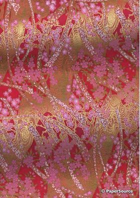 Japanese Chiyogami | Floral 06, Pink Blossoms on Red background with Gold Ribbons of White blossoms and Gold highlights. An A4 Washi Yuzen Handmade Paper | PaperSource