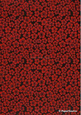 Japanese Lacquer Wax Floral 51, Red and Black Blossoms. An A4 Washi Yuzen Handmade Paper | PaperSource