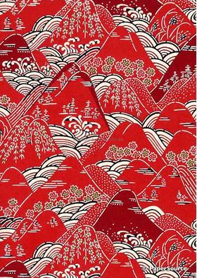 Katazome | Landscape 01 Japanese handmade, hand stencilled printed paper with a pattern of red hills, cherry blossoms, waves and swirls in red, black and white | PaperSource