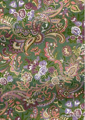 Chiyogami | Abstract 24 Japanese handmade, screen printed paper with lilac, purple, pink and gold bouquets of flowers and paisley swirls with gold outlines on green background-curled | PaperSource