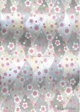 Chiyogami Luxe | Floral CLF02 Japanese handmade, screen printed paper on silver background with red, pink and white small flower pattern outlined in silver | PaperSource