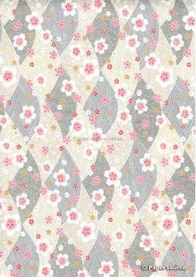 Chiyogami Luxe | Floral CLF02 Japanese handmade, screen printed paper on silver background with red, pink and white small flower pattern outlined in silver | PaperSource