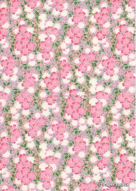 Chiyogami | Floral CLF4 Japanese handmade, screen printed paper with Pink and White tonal flowers with small green leaves, outlined in raised white on a gold and silver background | PaperSource