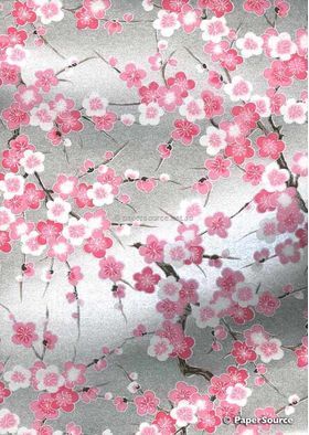 Japanese Chiyogami Luxe A4 Yuzen paper with cherry blossom branches on silver | PaperSource