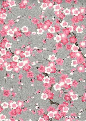 Japanese Chiyogami Luxe A4 Yuzen paper with cherry blossom branches on silver | PaperSource