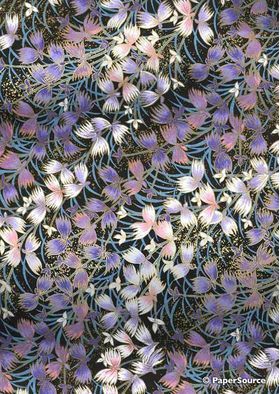 Chiyogami Floral 09, pink and purple bands of gold outlined flowers on black background. A handmade screen printed Japanese paper | PaperSource