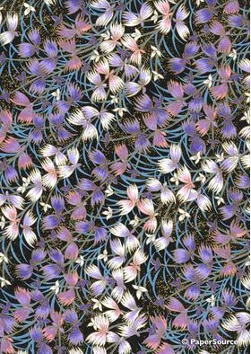 Chiyogami Floral 09, pink and purple bands of gold outlined flowers on black background. A handmade screen printed Japanese paper | PaperSource