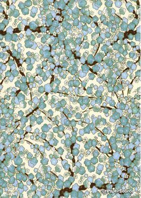 Chiyogami | Floral 18 Japanese handmade, screen printed paper in blue tones with gold outlines | PaperSource