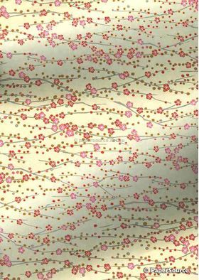 Chiyogami Floral 22, pink and red blossom outlined in gold with delicate branches on lemon yellow background. A handmade screen printed Japanese paper | PaperSource