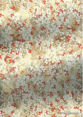 Chiyogami Floral 26, red and white blossom outlined in gold with delicate branches on variegated gold background. A handmade screen printed Japanese paper | PaperSource