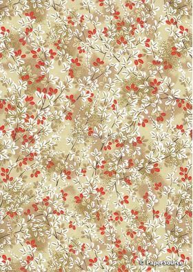 Chiyogami Floral 26, red and white blossom outlined in gold with delicate branches on variegated gold background. A handmade screen printed Japanese paper | PaperSource