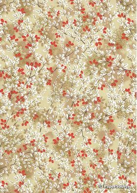 Chiyogami | Floral 26 Japanese handmade, screen printed paper with red and white blossoms outlined in gold with delicate branches on variegated gold background | PaperSource