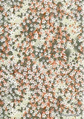 Japanese Chiyogami Floral 36, White Blossom on Apricot and Grey background. An A4 Washi Yuzen Handmade Paper | PaperSource