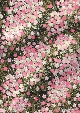 Chiyogami | Floral 38 Japanese handmade, screen printed paper with white and pink blossoms, dainty leaves outlined in gold on black background with gold swirls-curled-curled | PaperSource