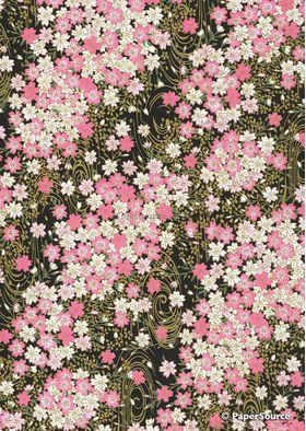 Chiyogami | Floral 38 Japanese handmade, screen printed paper with white and pink blossoms, dainty leaves outlined in gold on black background with gold swirls-curled | PaperSource