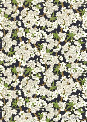 Chiyogami | Floral 45 Japanese handmade, screen printed paper with white blossoms, green leaves outlined in gold on black background | PaperSource