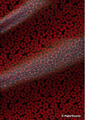 Japanese Lacquer Wax Floral 51, Red and Black Blossoms. An A4 Washi Yuzen Handmade Paper | PaperSource